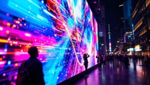A photograph of a vibrant led display in an urban setting