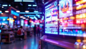 A photograph of a vibrant retail environment showcasing an eye-catching led display that highlights a product or promotion