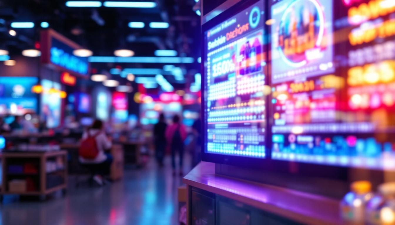 A photograph of a vibrant retail environment showcasing an eye-catching led display that highlights a product or promotion