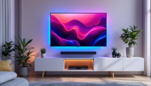 A photograph of capture a photograph of a stylish tv rack designed for a 55-inch tv