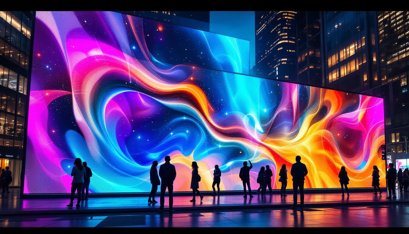 A photograph of a vibrant led sound wall display in an urban setting