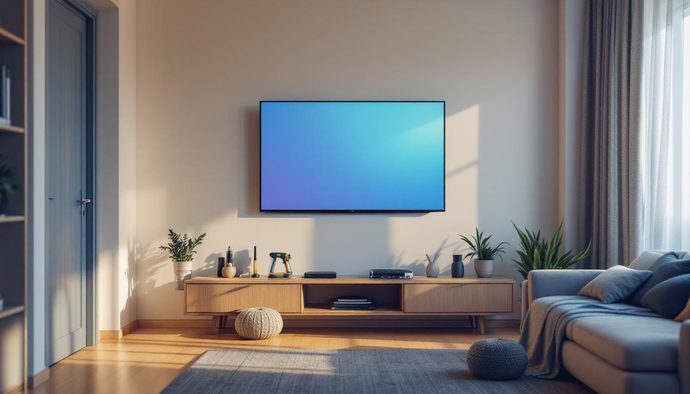 A photograph of a stylish living room featuring a mounted led tv on the wall