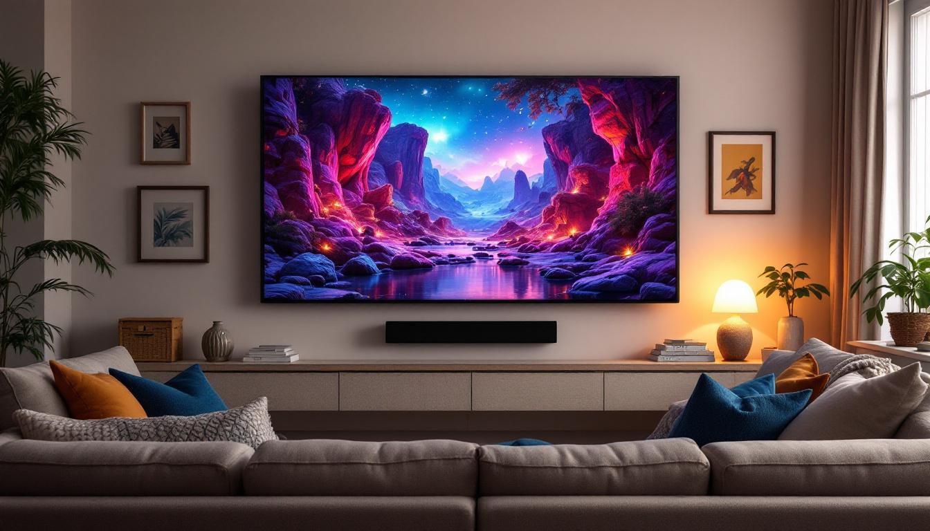 A photograph of a cozy living room setup featuring a large led display