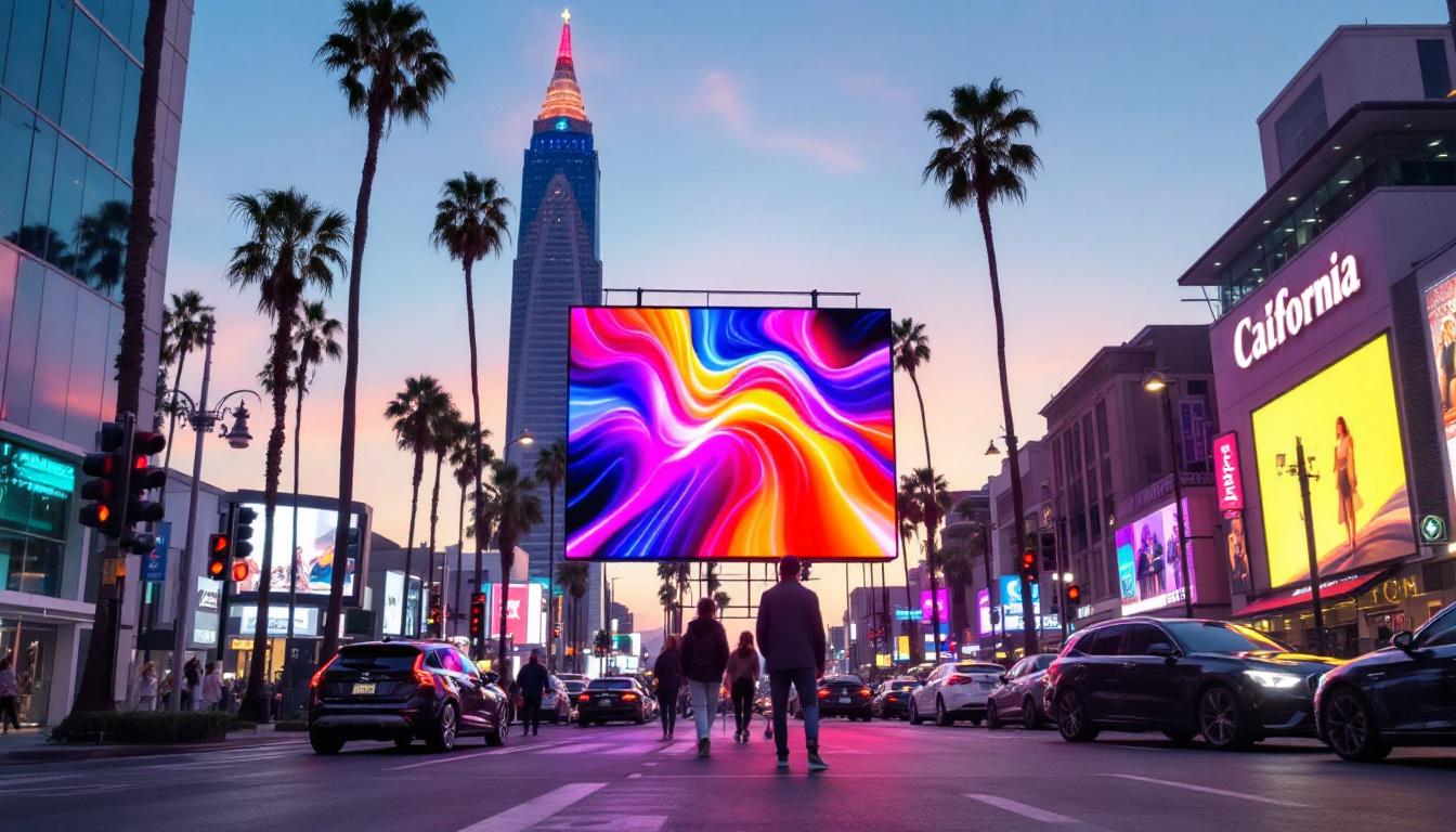 A photograph of a vibrant led display in a bustling california setting