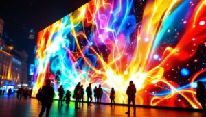 A photograph of an illuminated led display showcasing vibrant colors and dynamic visuals in an urban setting