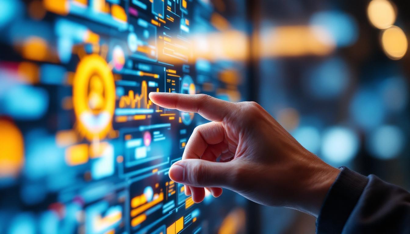 A photograph of a close-up of a user interacting with a vibrant led touch screen display