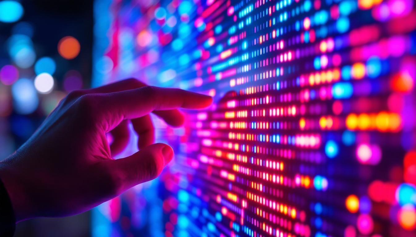 A photograph of a close-up shot of a vibrant led display showcasing various colors and patterns