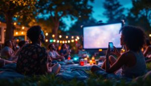 A photograph of a vibrant outdoor setting featuring a portable led screen projector in use