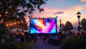 A photograph of a vibrant outdoor setting featuring a large led projection screen displaying dynamic visuals