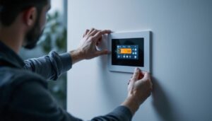A photograph of capture a photograph of a person skillfully installing a wall access panel with an led display