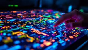 A photograph of a close-up of a person interacting with a diy touchscreen led display