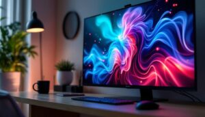 A photograph of a modern led tv displaying a vibrant image while connected to a computer