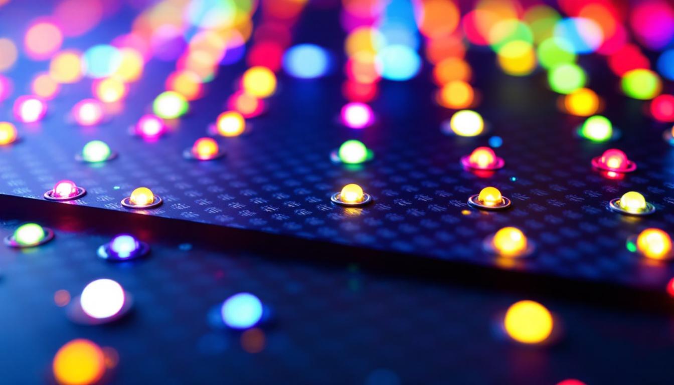 A photograph of a close-up shot of a thin carbon fiber sheet being used as a backing for a vibrant led display