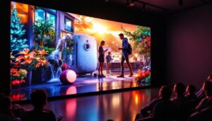 A photograph of capture a photograph of a modern led display showcasing vibrant scenes from the movie "model house