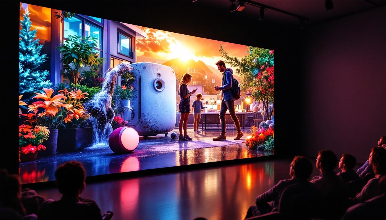 A photograph of capture a photograph of a modern led display showcasing vibrant scenes from the movie "model house
