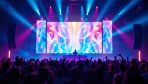 A photograph of a vibrant led dj screen in action during a live performance