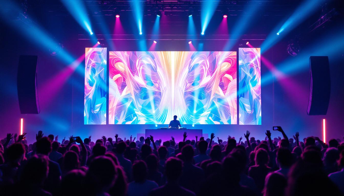 A photograph of a vibrant led dj screen in action during a live performance