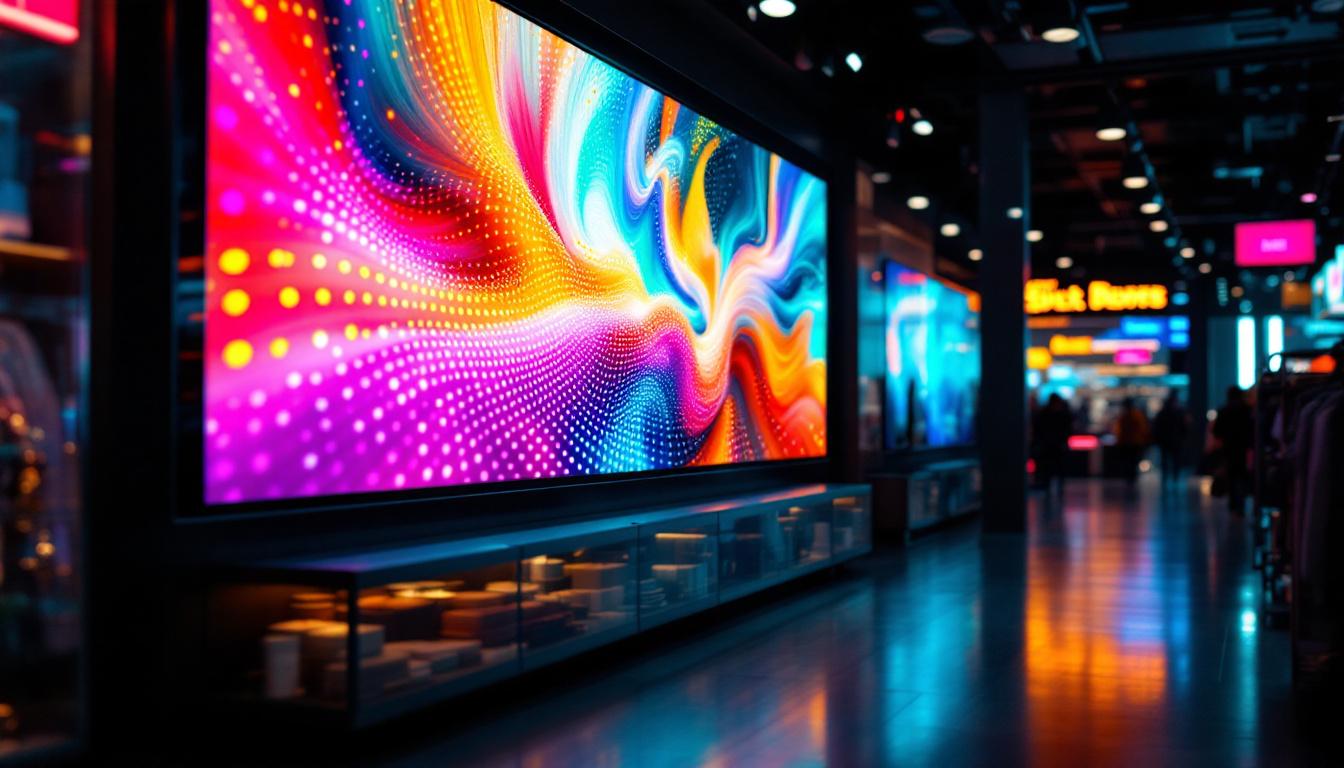 A photograph of a vibrant led display in a retail setting