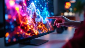 A photograph of capture a photograph of a sleek 27-inch touch screen monitor displaying vibrant led graphics