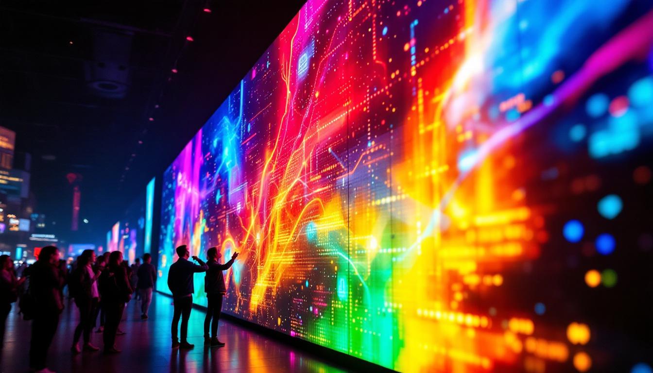 A photograph of a vibrant led display showing dynamic visuals or information