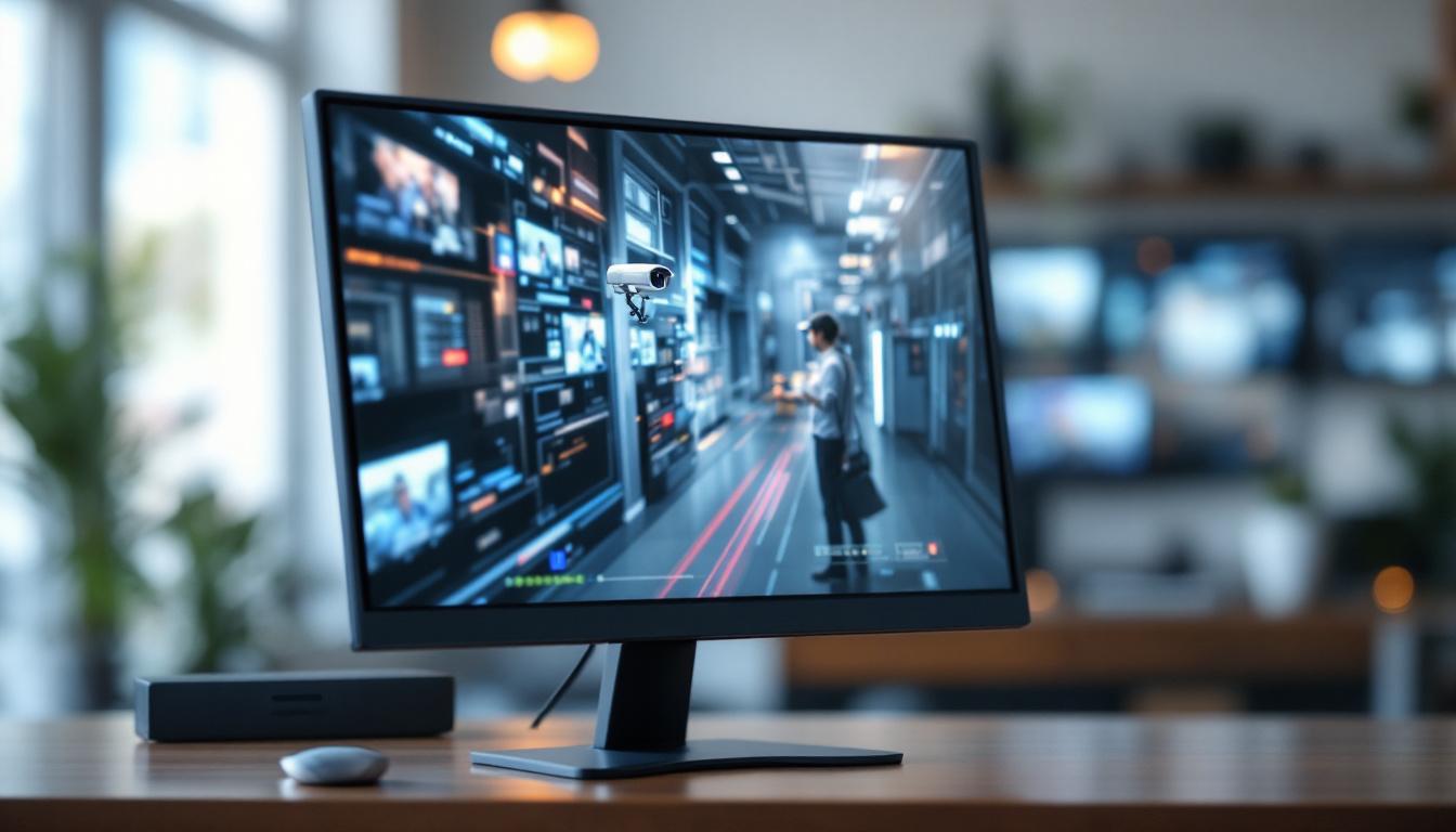 A photograph of a 15-inch led monitor displaying a cctv feed