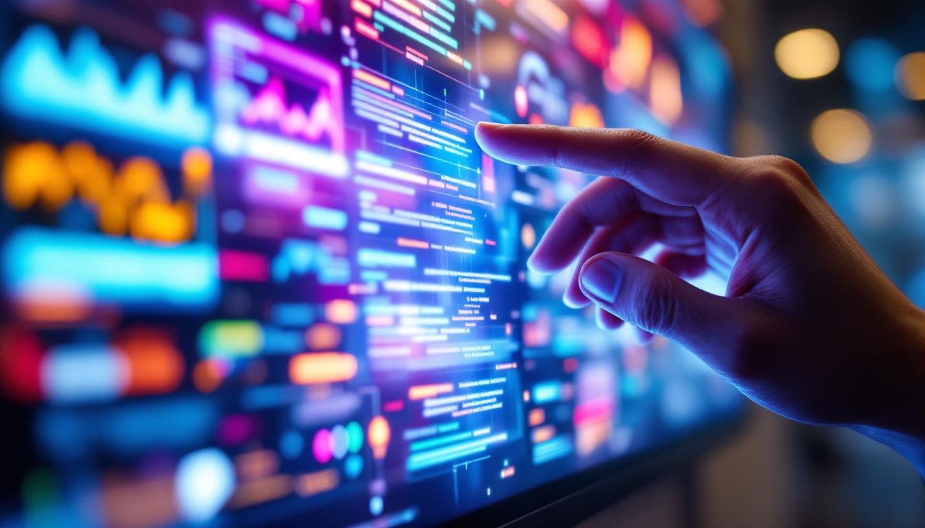 A photograph of a close-up shot of a vibrant led display screen showing dynamic content