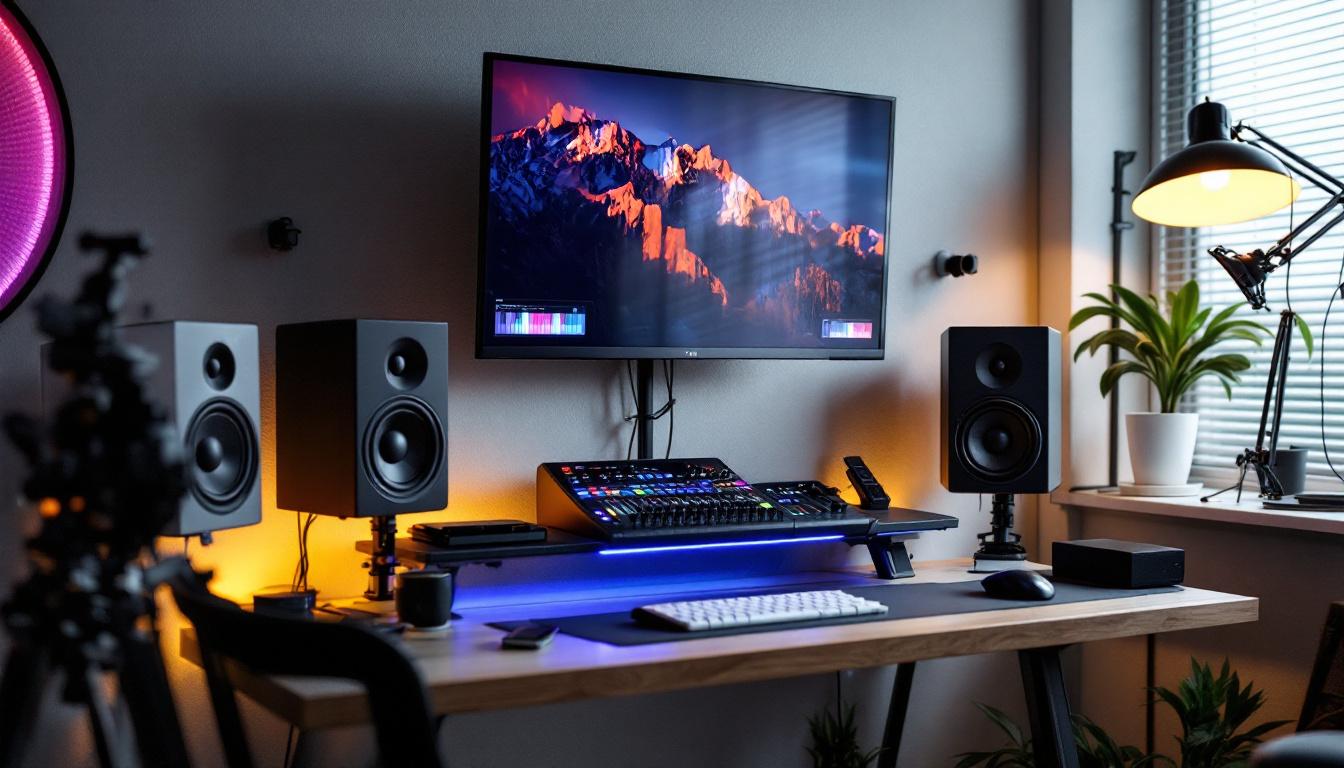 A photograph of a stylish home studio setup featuring wall-mounted studio monitors alongside an led display