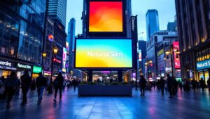 A photograph of capture a photograph of a vibrant led display showcasing the natural slim brand in a bustling urban setting