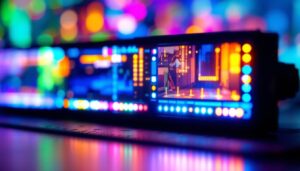A photograph of a close-up of a vibrant led display showcasing various colors and images
