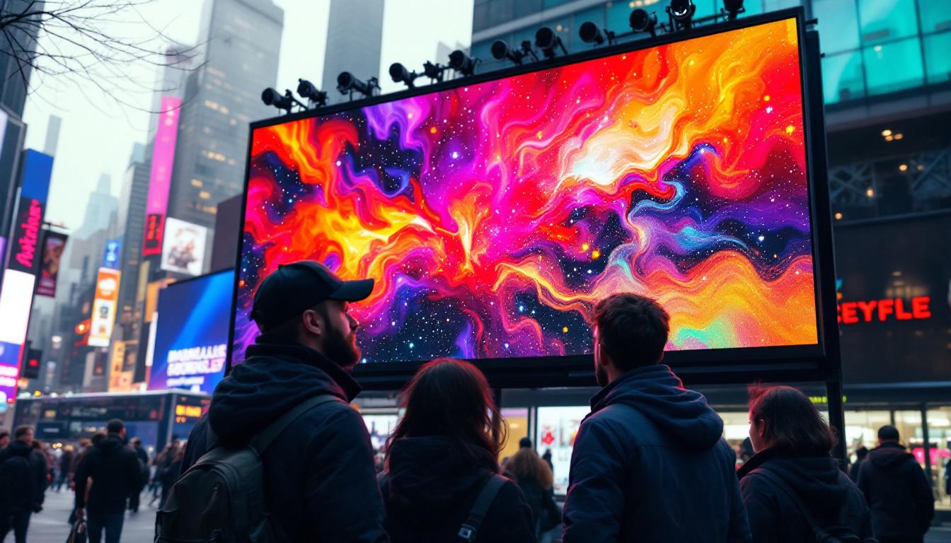 A photograph of capture a photograph of a vibrant led display in a dynamic urban setting