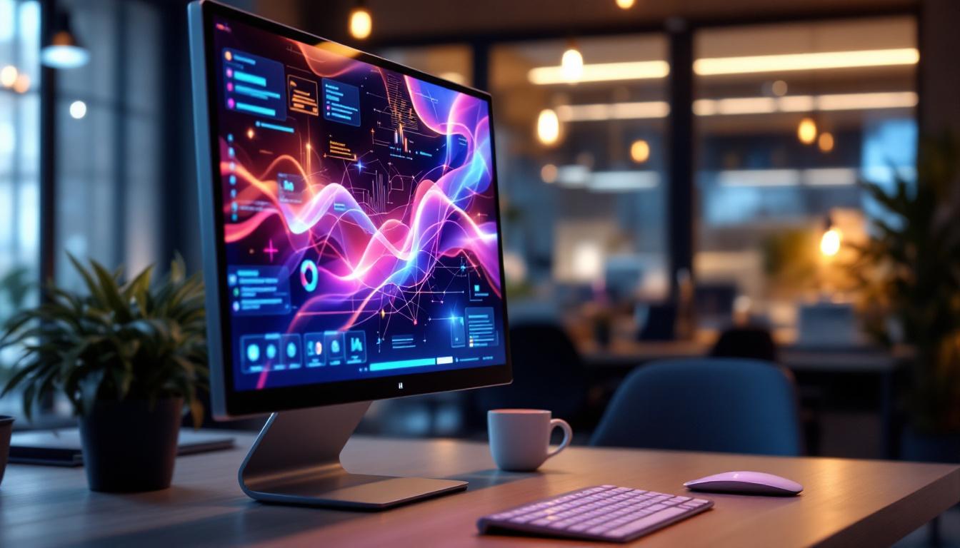 A photograph of a sleek digital touch screen monitor displaying vibrant led graphics in a modern workspace setting