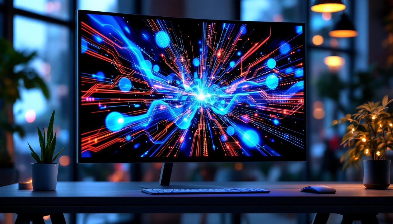 A photograph of a sleek 40-inch touch screen monitor displaying vibrant led graphics in a modern workspace setting
