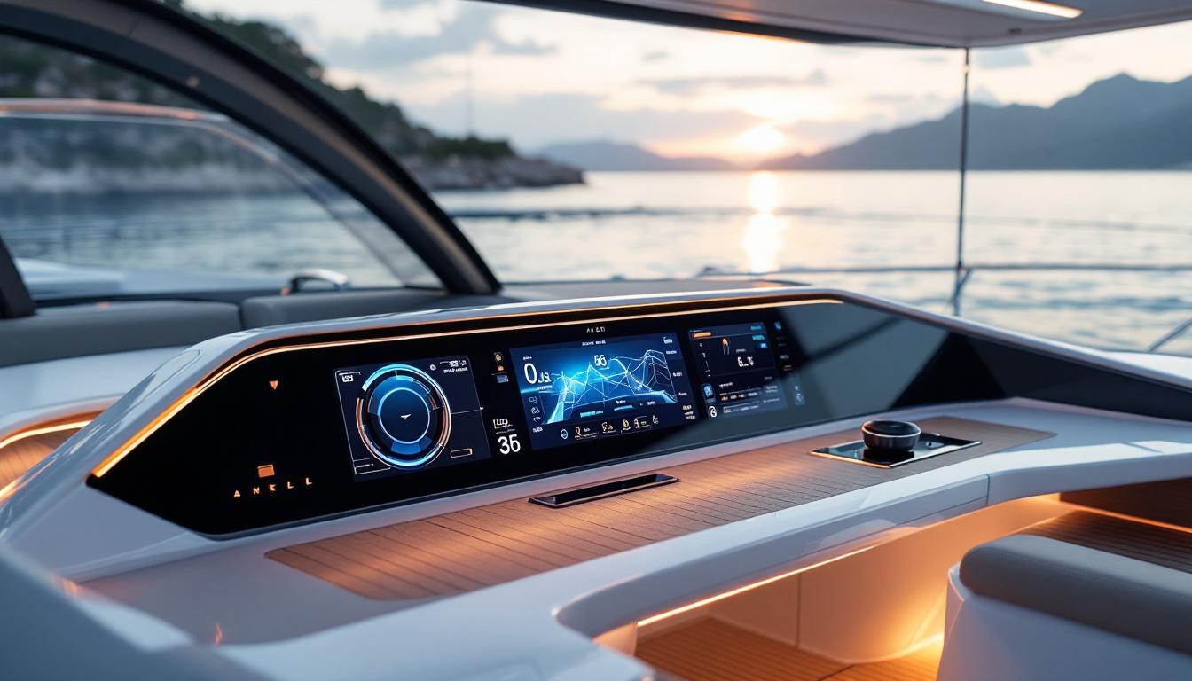 A photograph of a sleek amel 50 yacht prominently displaying its led dashboard