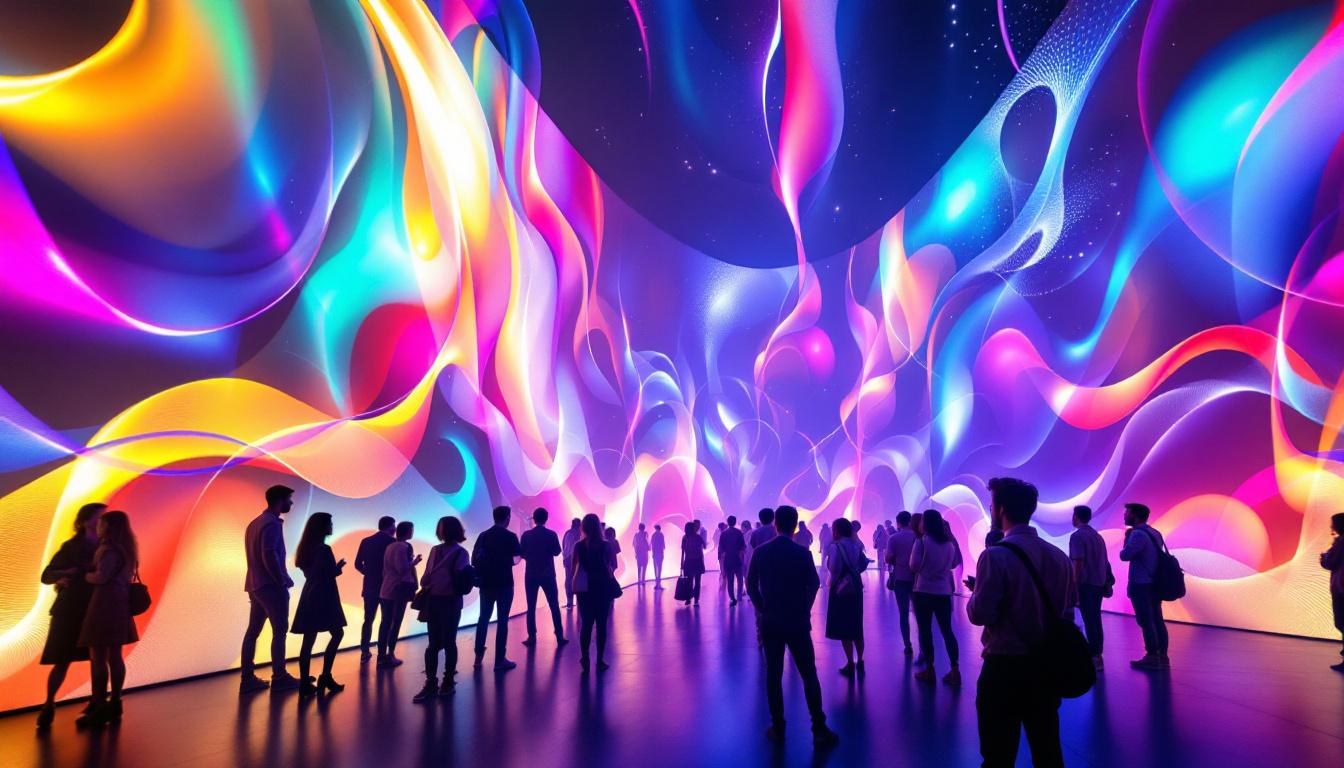 A photograph of a vibrant art display featuring an led screen showcasing dynamic visuals