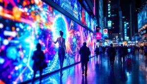 A photograph of a vibrant led signage wall in a bustling urban environment