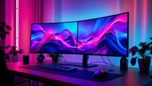 A photograph of a sleek desktop setup featuring a dual led display in use