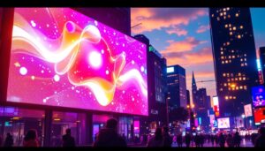 A photograph of a vibrant urban scene featuring a large led advertising screen displaying dynamic content