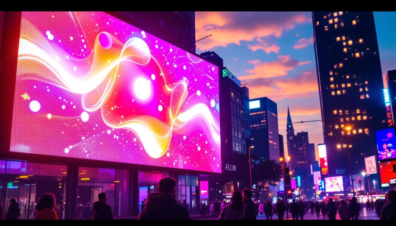 A photograph of a vibrant urban scene featuring a large led advertising screen displaying dynamic content