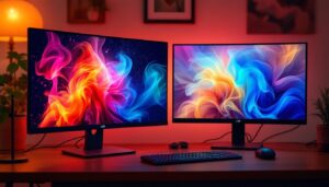 A photograph of capture a photograph of a side-by-side comparison of an lcd and an led monitor displaying vibrant colors and images