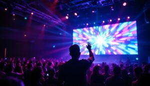 A photograph of a vibrant led display in action during a live event at a vimeo venue