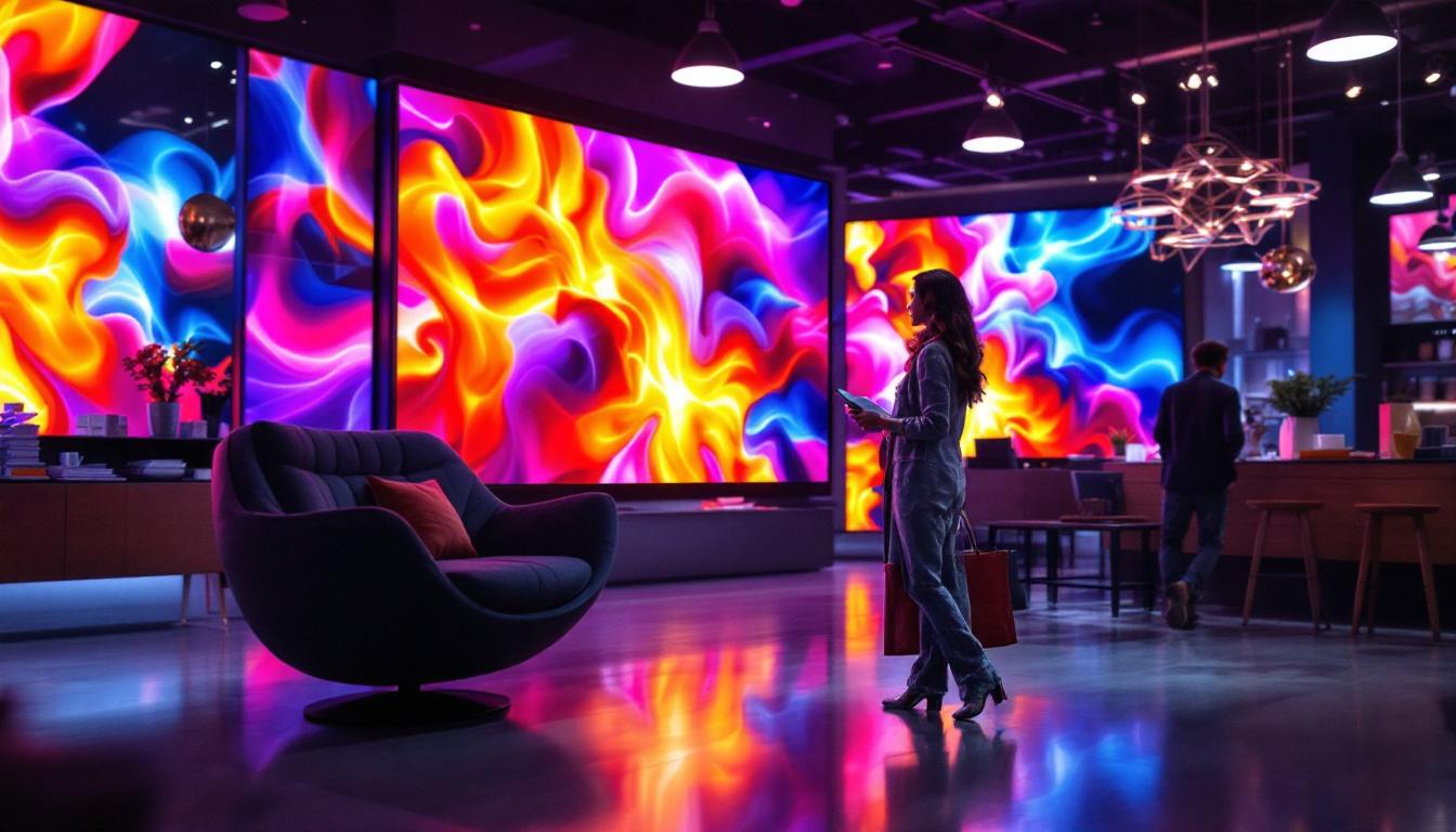 A photograph of a vibrant led display in a retail environment