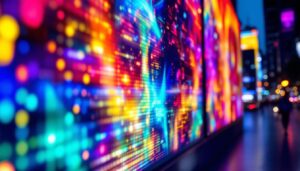 A photograph of a vibrant led display showcasing dynamic colors and animations in an urban setting