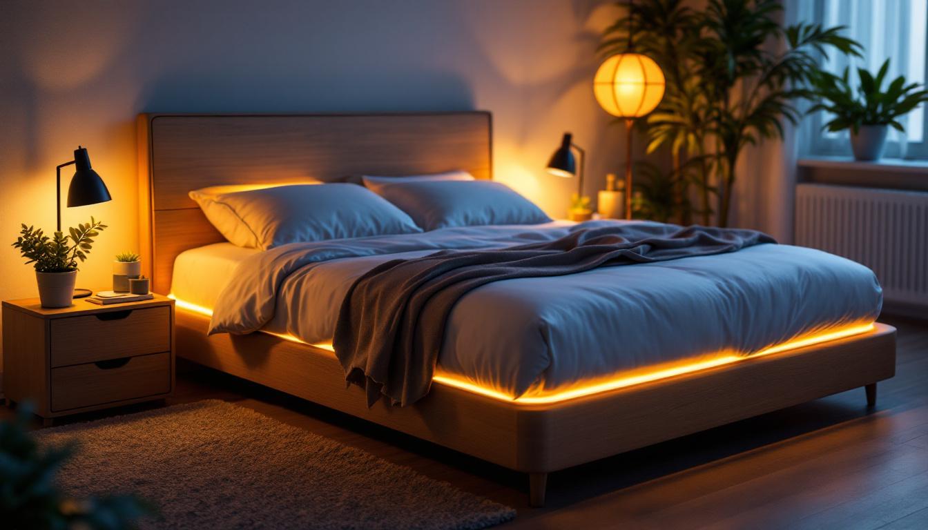 A photograph of a stylish full-size bed frame featuring integrated led lighting