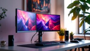 A photograph of capture a photograph of a sleek triple computer monitor mount setup in a modern workspace