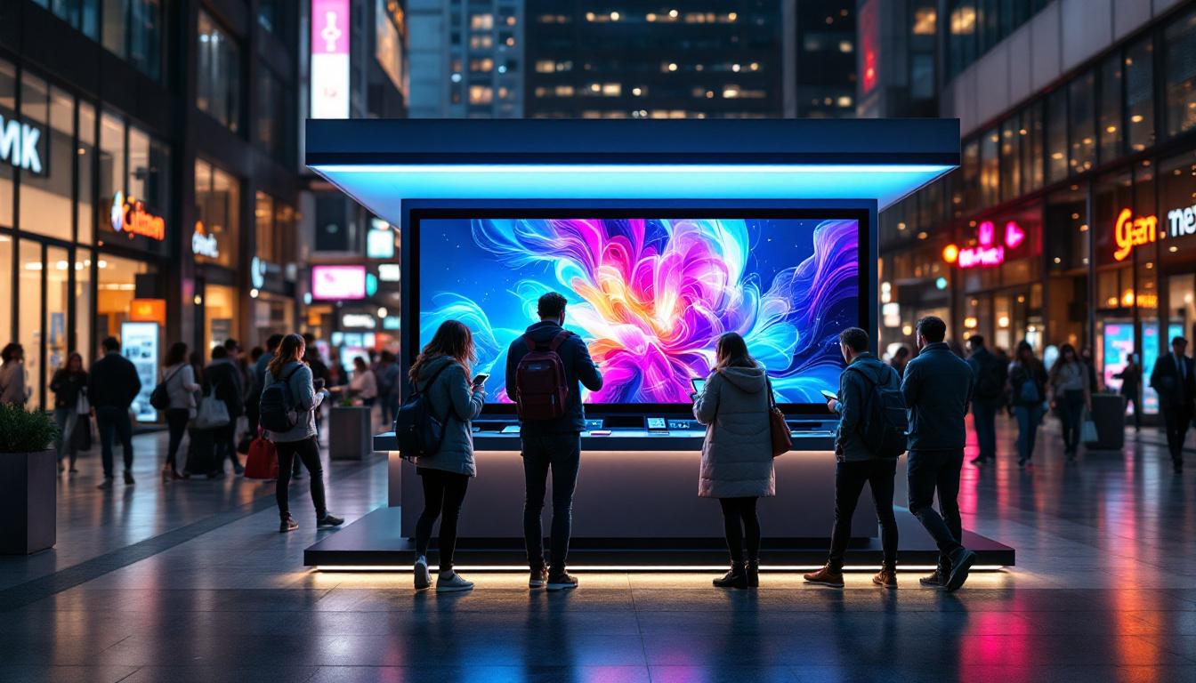 A photograph of a vibrant kiosk featuring an eye-catching led display showcasing dynamic advertisements