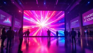 A photograph of a vibrant led display in a dynamic setting