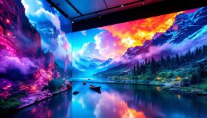 A photograph of a vibrant 4k led display showcasing a stunning landscape or cityscape