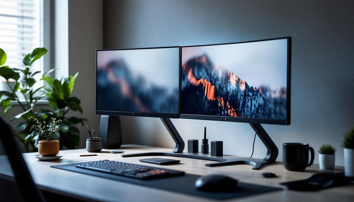 A photograph of a sleek double monitor stand on a modern desk setup