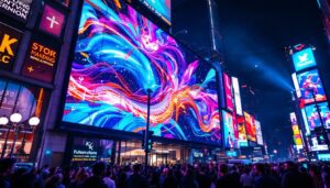 A photograph of a vibrant led display in a bustling urban setting at night