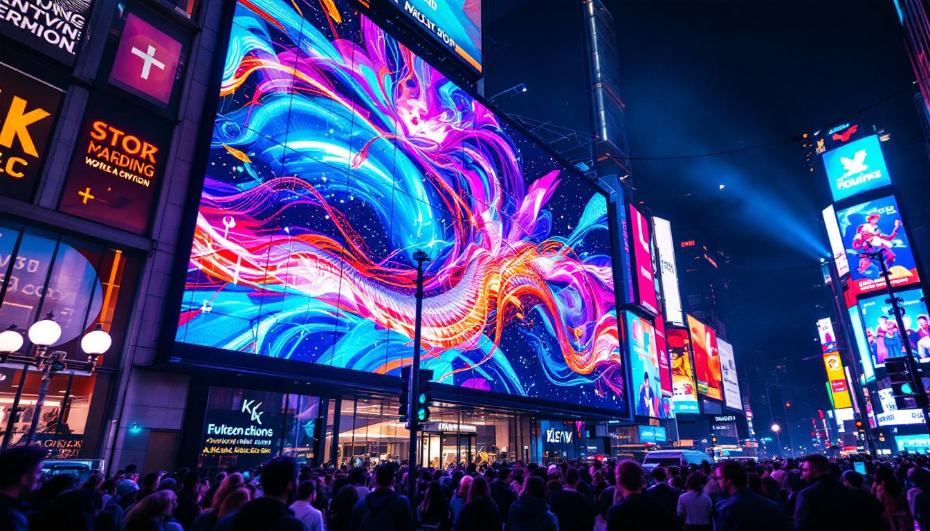 A photograph of a vibrant led display in a bustling urban setting at night